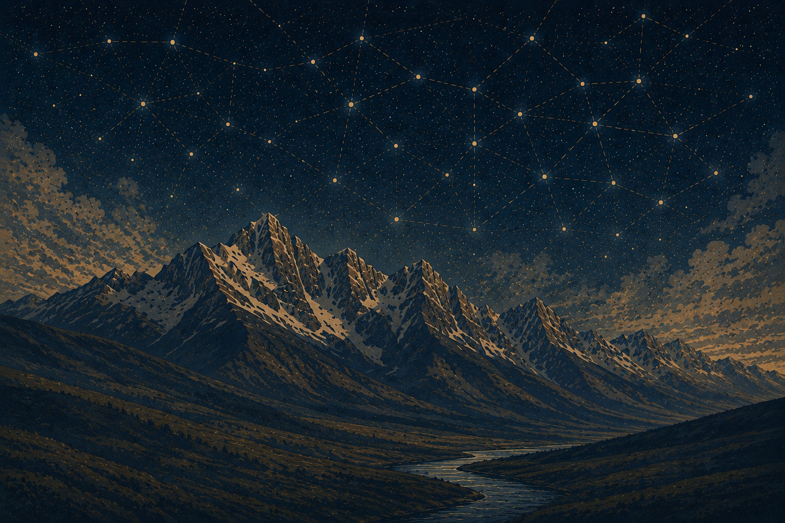 Vintage travel-poster style illustration of a Montana mountain range at night, snow-capped peaks lit gold beneath a sky woven with stars and constellation lines